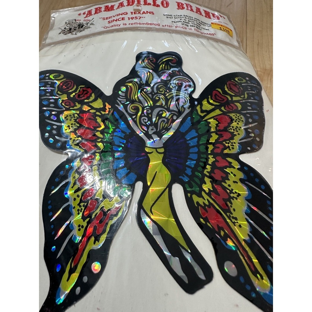 Vintage Armadillo Brand XL Holo Butterfly Lady Sticker Prismatic Foil 1981 XL